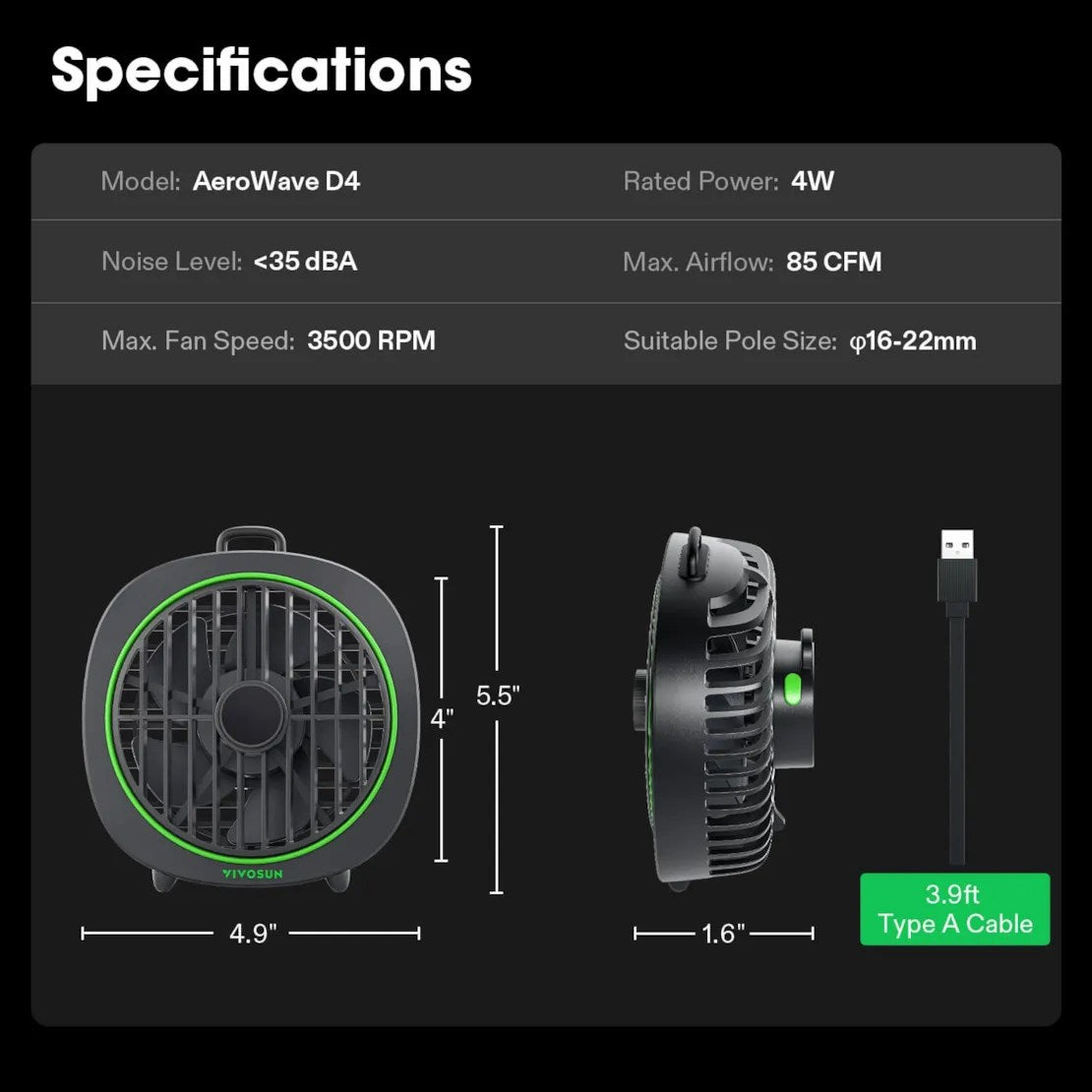 VIVOSUN AeroWave D4 4-inch USB Twin Pack Grow Tent Clip Fan