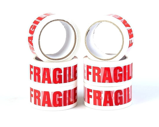 Durable Fragile Warning Packaging Tape 48mm x 66m, 6-Roll High-Visibility Pack